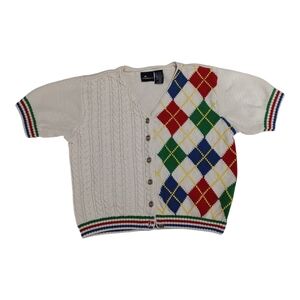 Vintage 90s Liz Claiborne Preppy Cable Knit Argyle Short Sleeve Cardigan Cotton